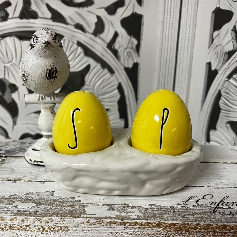 Rae Dunn Ceramic Salt & Pepper Shaker Set, Yellow Eggs in Nest, Easter Spring